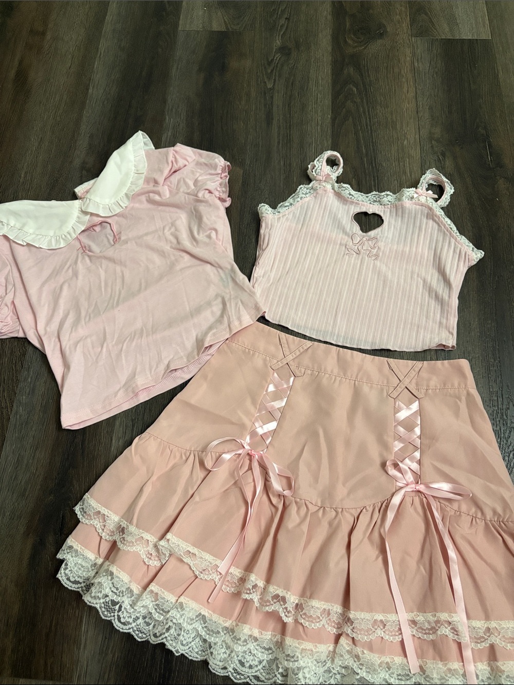 SHEIN Pink Lace-Trim Tiered Mini Skirt with Ribbon Detail with pink tops kawaii